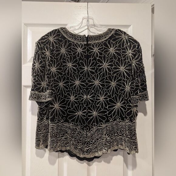 Papell Boutique Evening 100% Silk Black Fully Beaded Short Sleeve shirt Blouse L - Picture 4 of 14